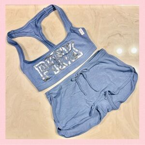 🔥PINK VICTORIA’S SECRET Cotton Dorm Bling Bralette & Boyshorts Dusty Irish SMALL